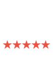 The word Google in white text above five red stars, indicating a five-star rating, on a light gray background.