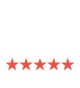 Yelp logo in white with five red stars below, indicating a five-star rating on a light gray background.