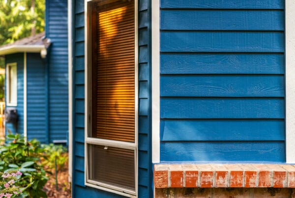 Close-up of the exterior of a house with blue wooden siding, a brick windowsill, and windows with brown blinds. Green plants are visible in the foreground and a wooden deck is in the background.