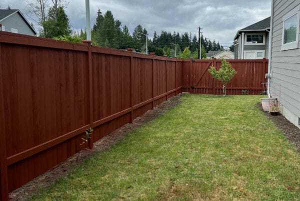 A backyard with a red wooden fence, green grass, a small tree, and a gray house on the right under a cloudy sky. Houses and trees are visible in the background.