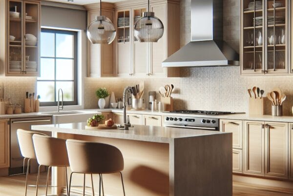 A modern kitchen with light wood cabinets, a large island with two cushioned chairs, pendant lights, a stainless steel range hood, and a window letting in natural light. The counters display fruit and kitchen utensils.