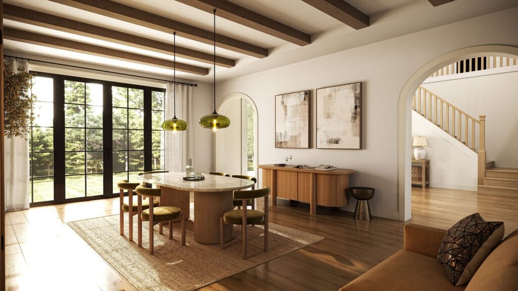 Bright dining room with large windows, a wooden table with six chairs, two pendant lights overhead, and modern decor. Arched doorways lead to a hallway and staircase; natural light fills the space.