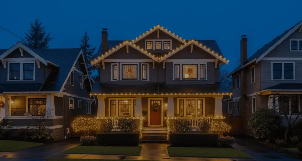 A two-story house decorated with warm white string lights along the roofline and bushes, with lit wreaths in the windows, sits between two similar homes at dusk. The sidewalk and street in front appear wet.
