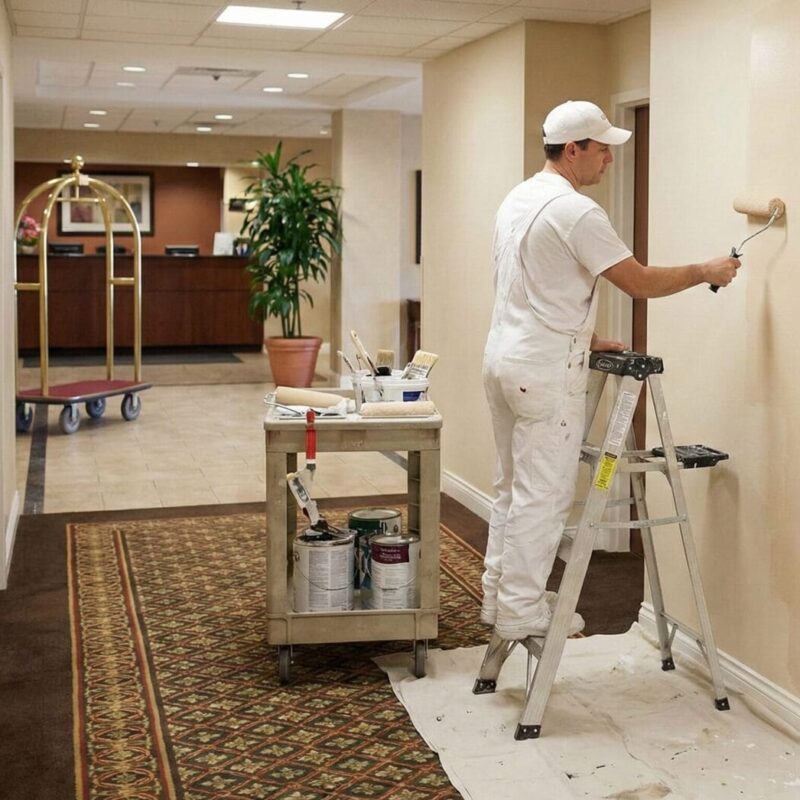 A person wearing white painter’s clothes and cap stands on a stepladder, painting a beige wall in a hallway. Paint supplies and a cart are nearby, and drop cloths protect the carpeted floor.