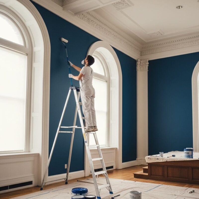 A person on a ladder paints high blue walls in a spacious, elegant room with large arched windows and detailed white trim. Paint supplies and drop cloths cover the wooden floor.