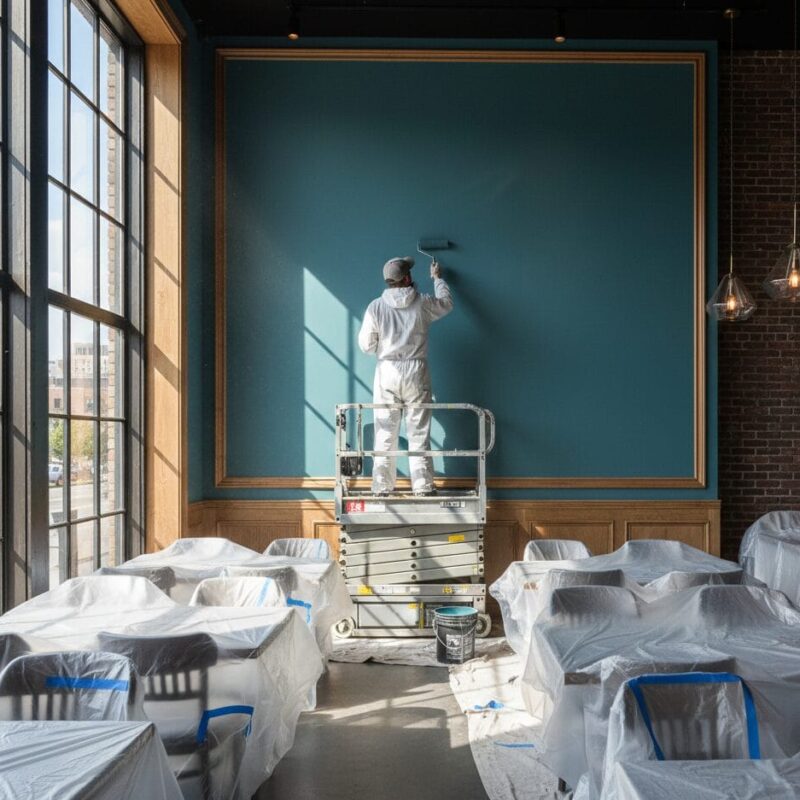 A person in white coveralls stands on a lift, painting a large teal wall in a sunlit restaurant. Tables and chairs are covered with plastic sheets, and large windows let in natural light.