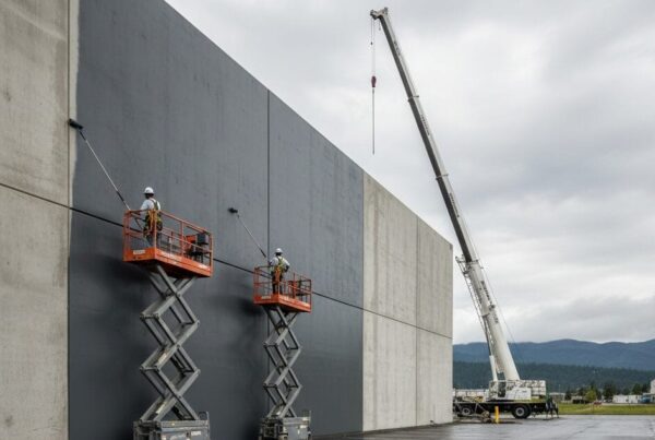 Two workers on orange scissor lifts paint a large gray wall outside, while a crane stands nearby on a wet, overcast day in an industrial area.