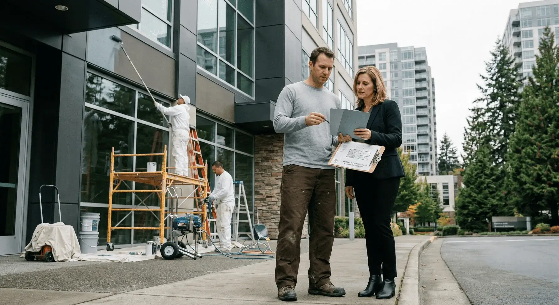 Two people stand outside a modern building discussing paperwork, while two workers on scaffolding paint the building’s exterior. Tall glass buildings and trees are visible in the background.