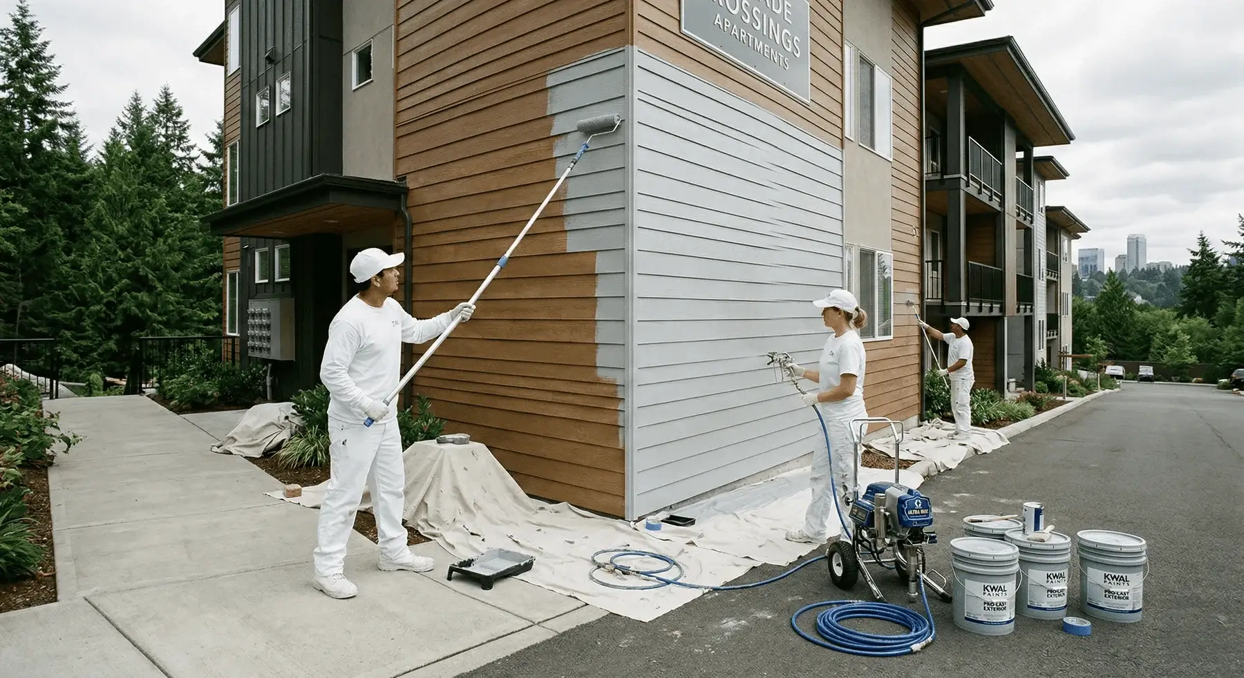 Three painters in white uniforms paint the exterior of a brown apartment building light gray using paint rollers, brushes, and a spray machine. Drop cloths and paint cans are scattered on the ground. Trees and sky are in the background.