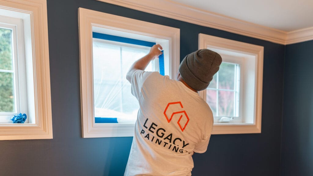 A person wearing a gray beanie and a Legacy Painting shirt applies blue painters tape around a window in a room with dark blue walls and white trim.