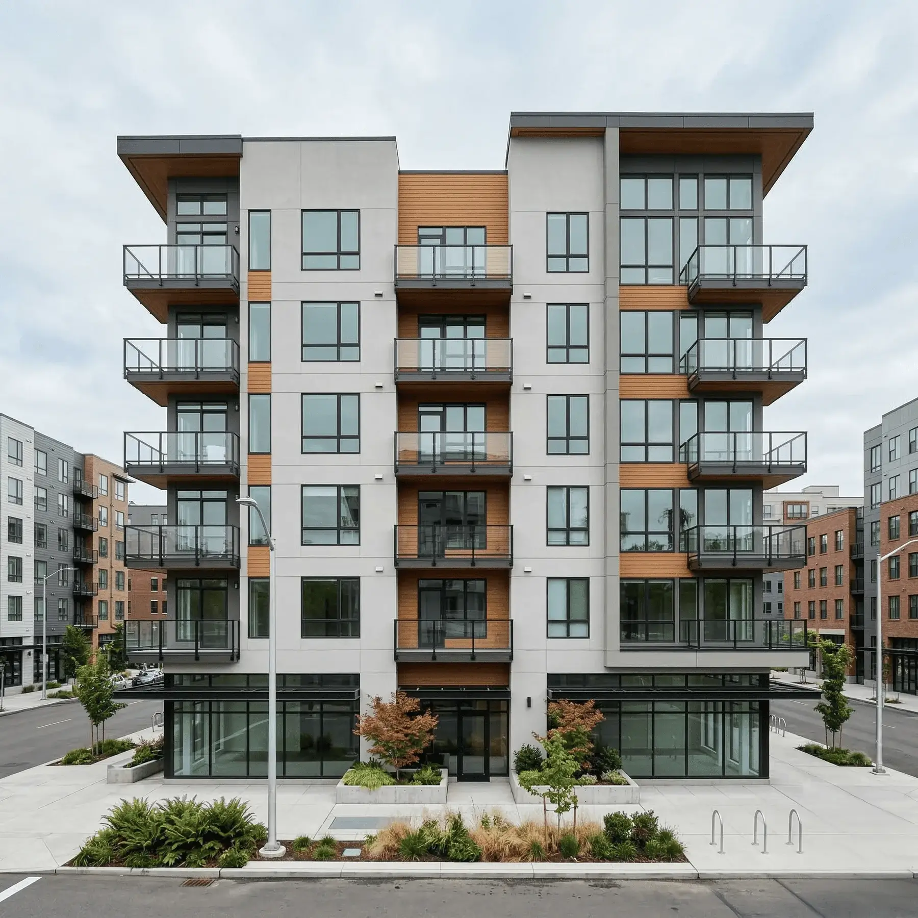Modern mid-rise apartment building with large windows, balconies, and a mix of white and wood-accented exterior. The ground floor has commercial spaces, and there are landscaped areas and bike racks in front.