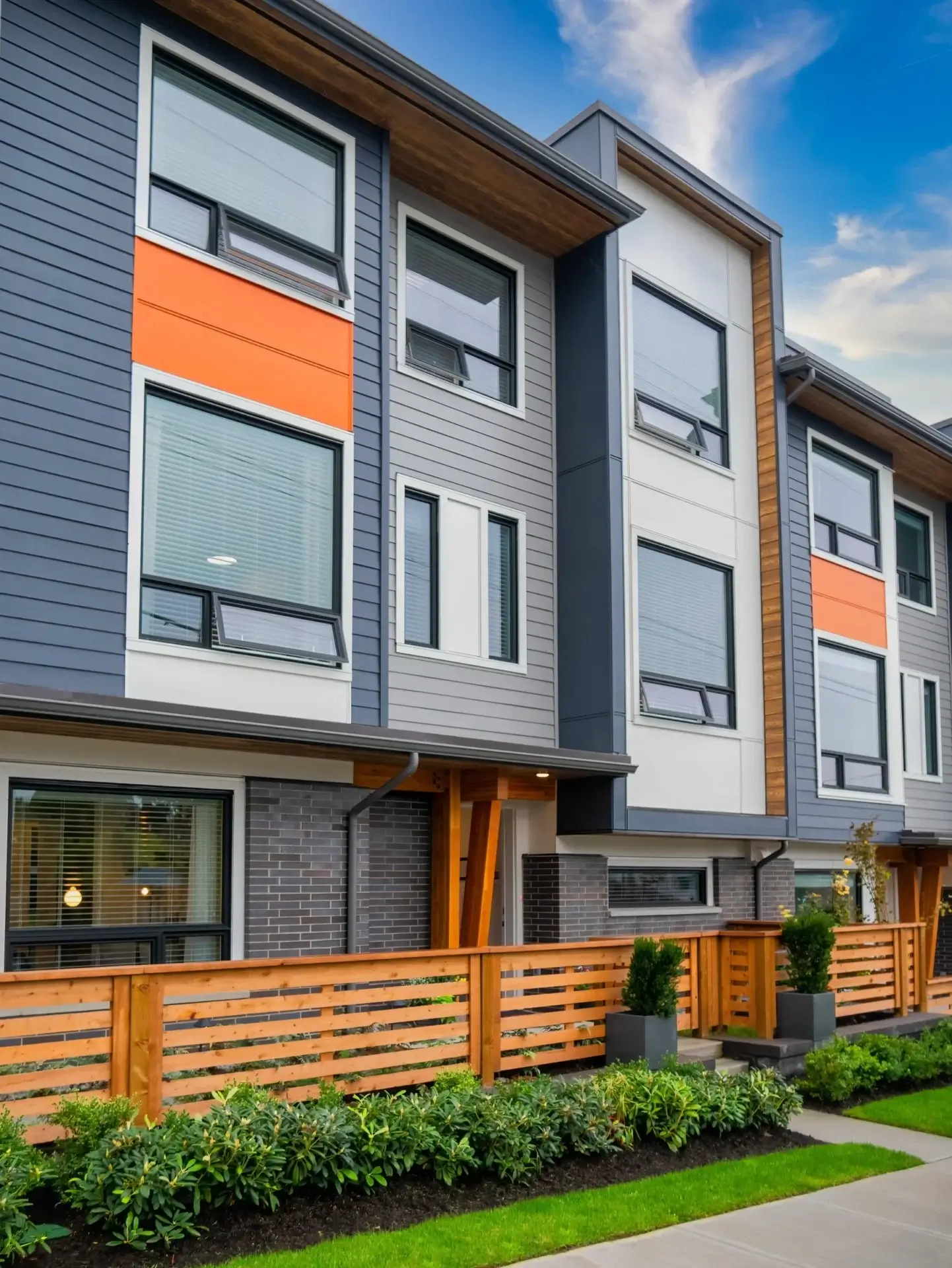 Modern three-story townhouse with gray, white, and orange exterior siding, large windows with blinds, a wooden fence, green shrubs, and a manicured lawn under a partly cloudy blue sky.