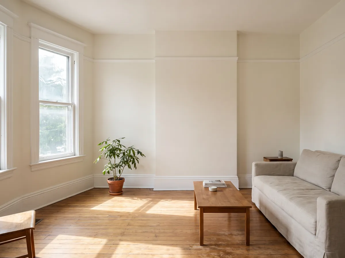 Older home living room with warm white walls and painted trim