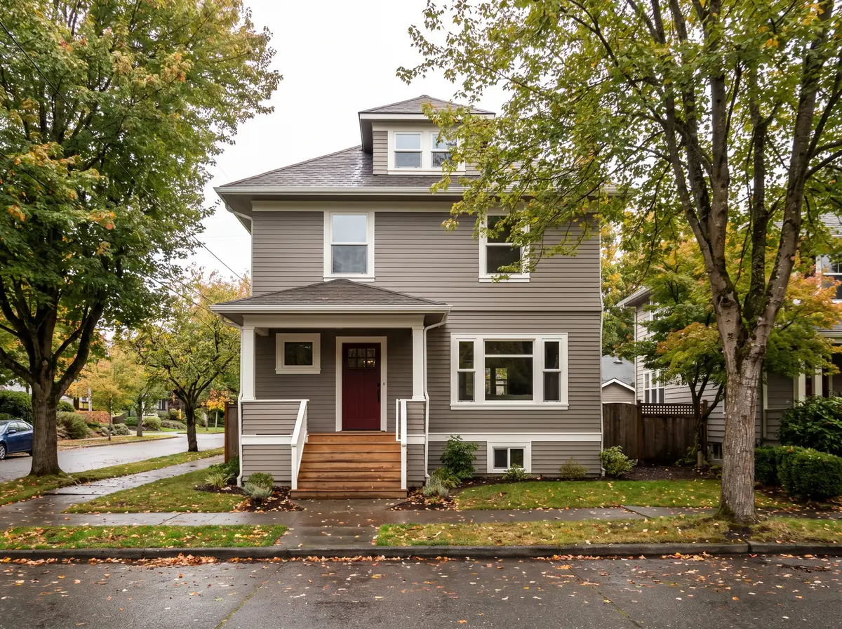 Older Seattle foursquare home with grey siding, white trim and red front door
