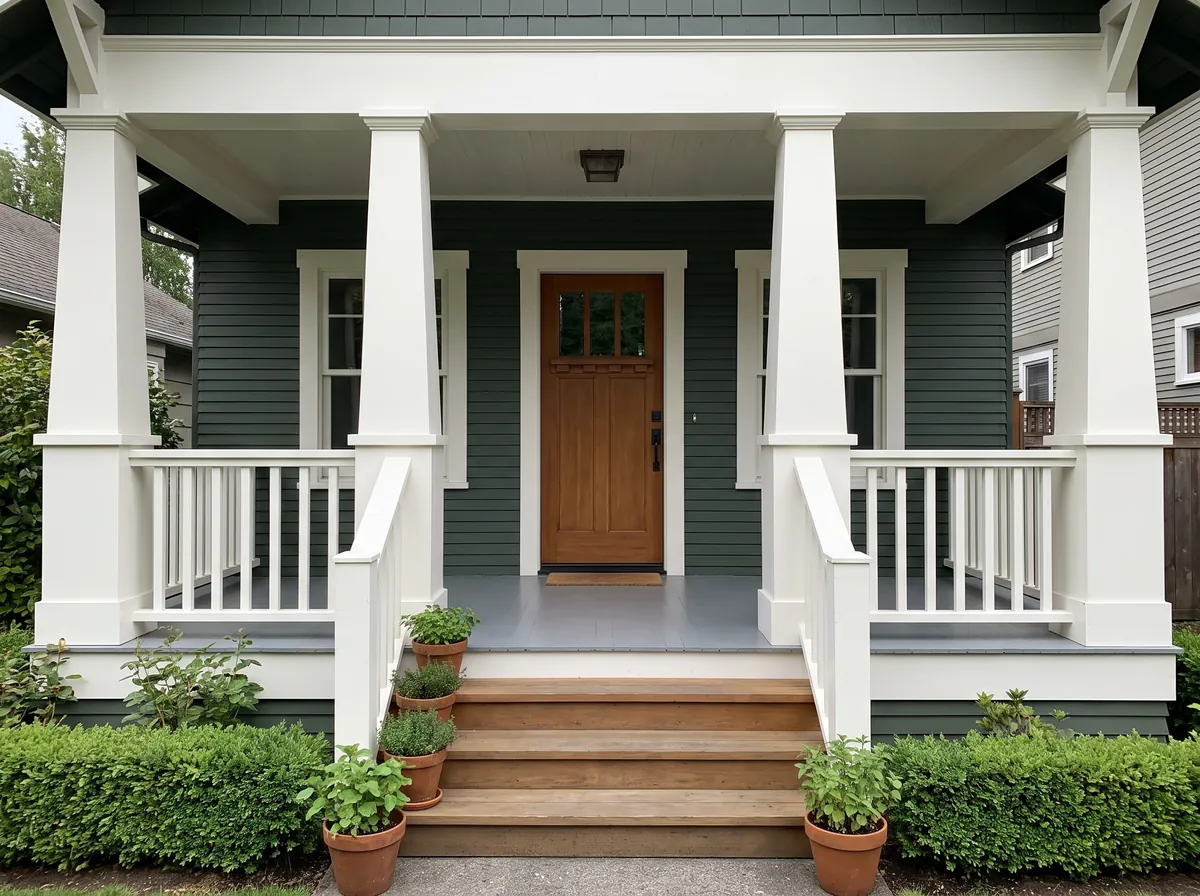 Craftsman front porch with white painted columns and railings