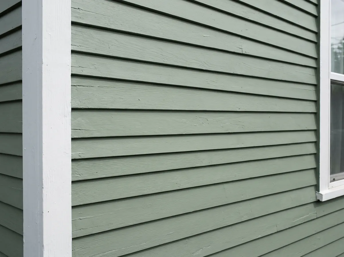 Freshly painted sage green wood clapboard siding with white trim