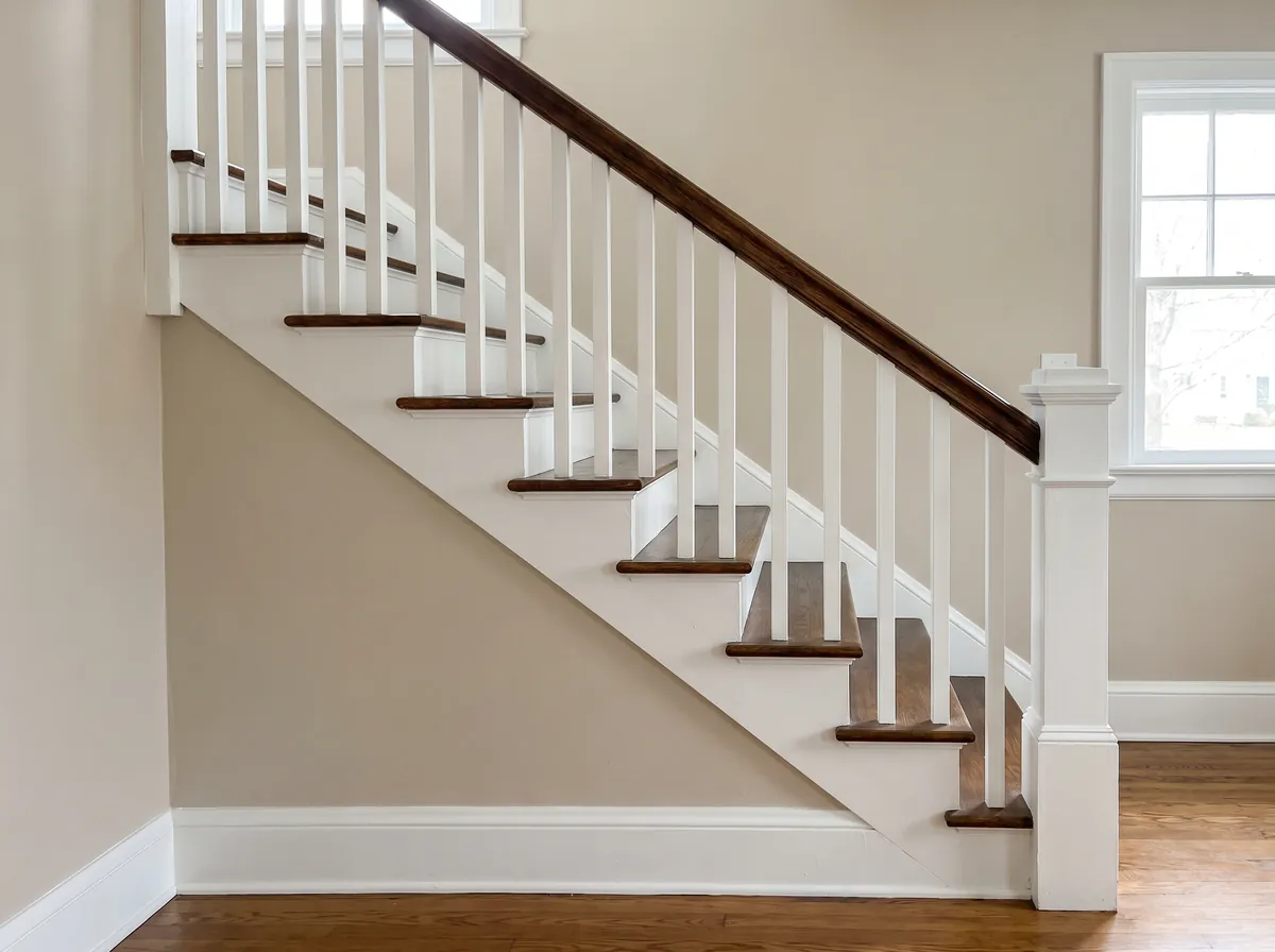 Staircase with white painted balusters and a stained wood handrail