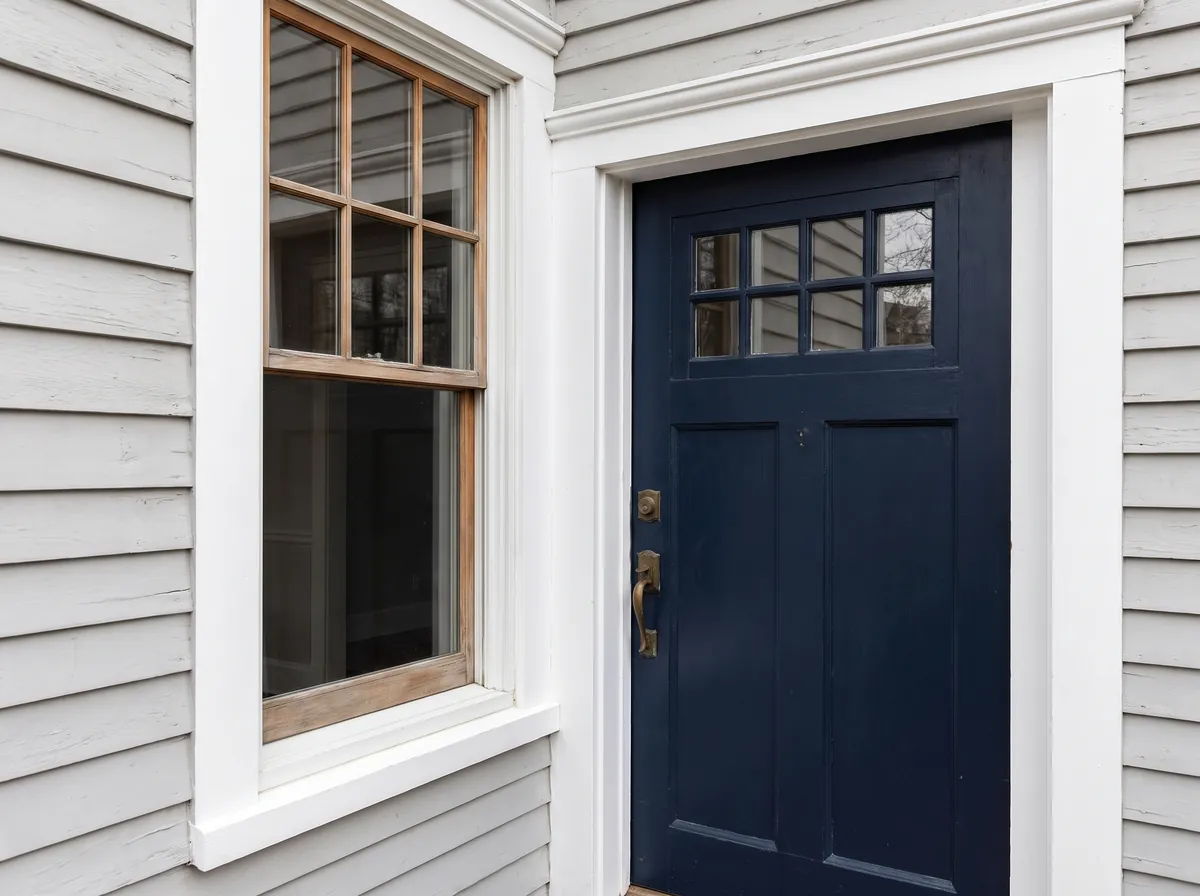 Navy painted front door beside a double-hung wood window with white trim